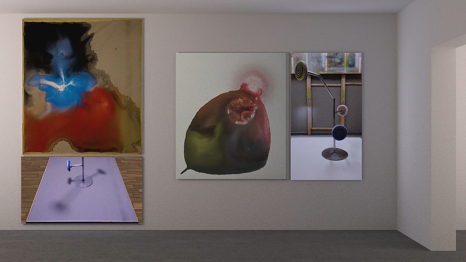 Melting Targets No. 1 and No. 2 — exhibition view with Melting Targets No. 1 on the left, consisting of a painting above a video still of the process, and Melting Targets No. 2 on the right, with the canvas on the left and a video still of the process on 