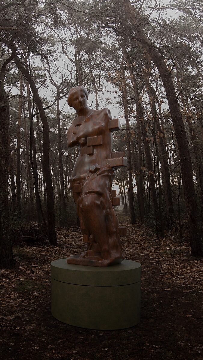 Virtual Transformation — The Drawers of Venus: video still from a 3D animation, a variation on Dalí’s Venus de Milo with drawers; a classical torso stands on a pedestal in a forest setting, pierced by block-like protrusions that extend like drawers from t