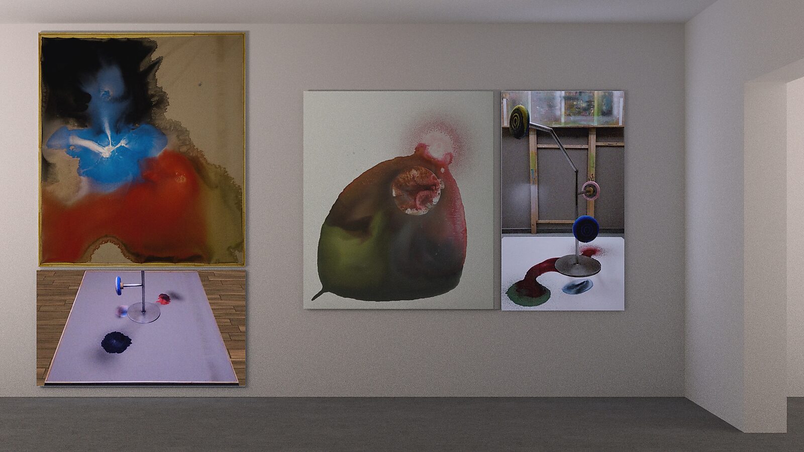 Smeltende doelen nr. 1 en nr. 2 — tentoonstellingszicht met links Smeltende doelen nr. 1, bestaande uit een schilderij boven een videostill van het proces, en rechts Smeltende doelen nr. 2, met links het doek en rechts een videostill van het proces waarin