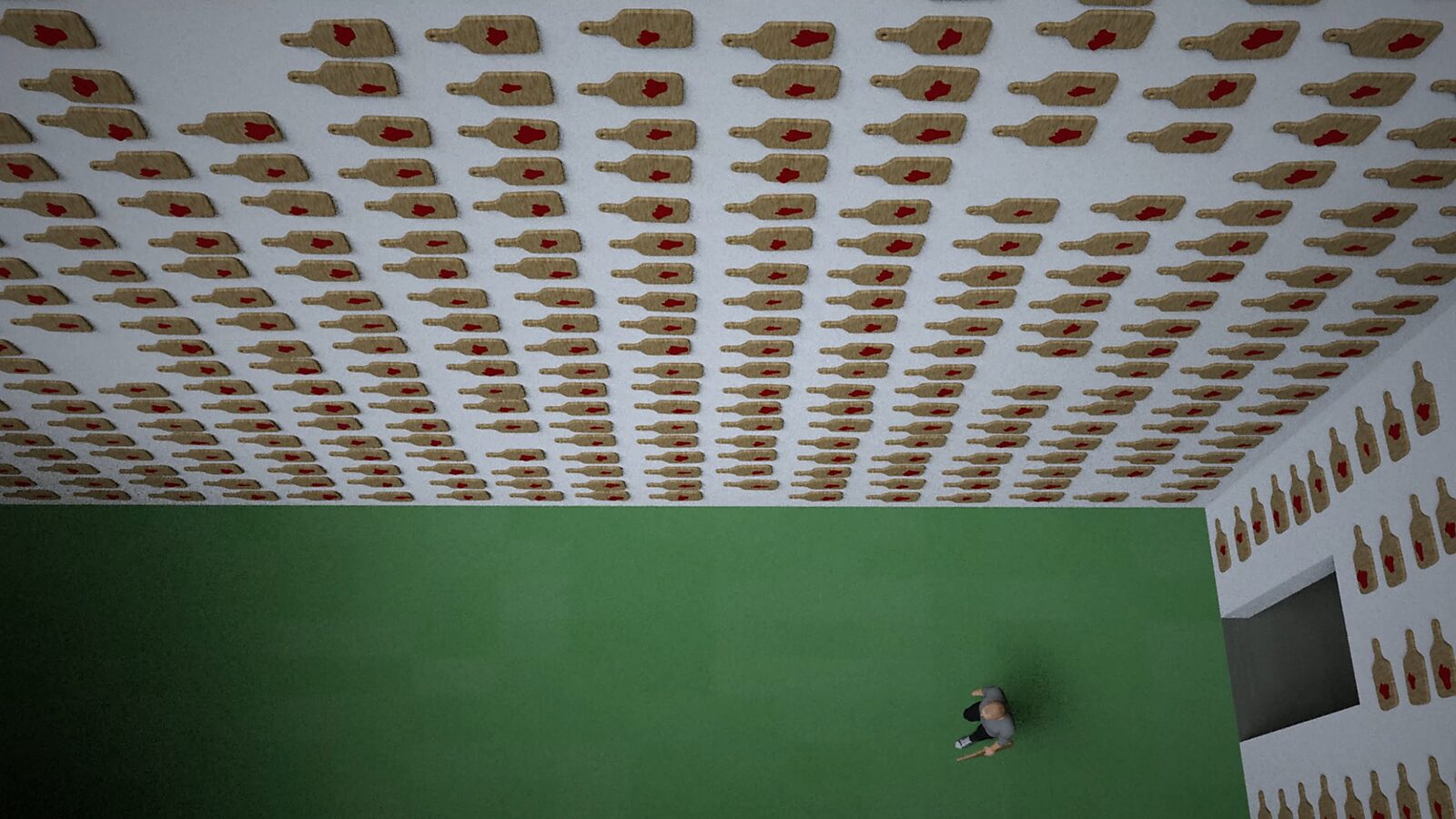 The Cutting Board — 3D animation videostill: a wide view of the room shows walls and ceiling covered with repeated wooden cutting boards marked with red stains, while the figure appears small within the space.