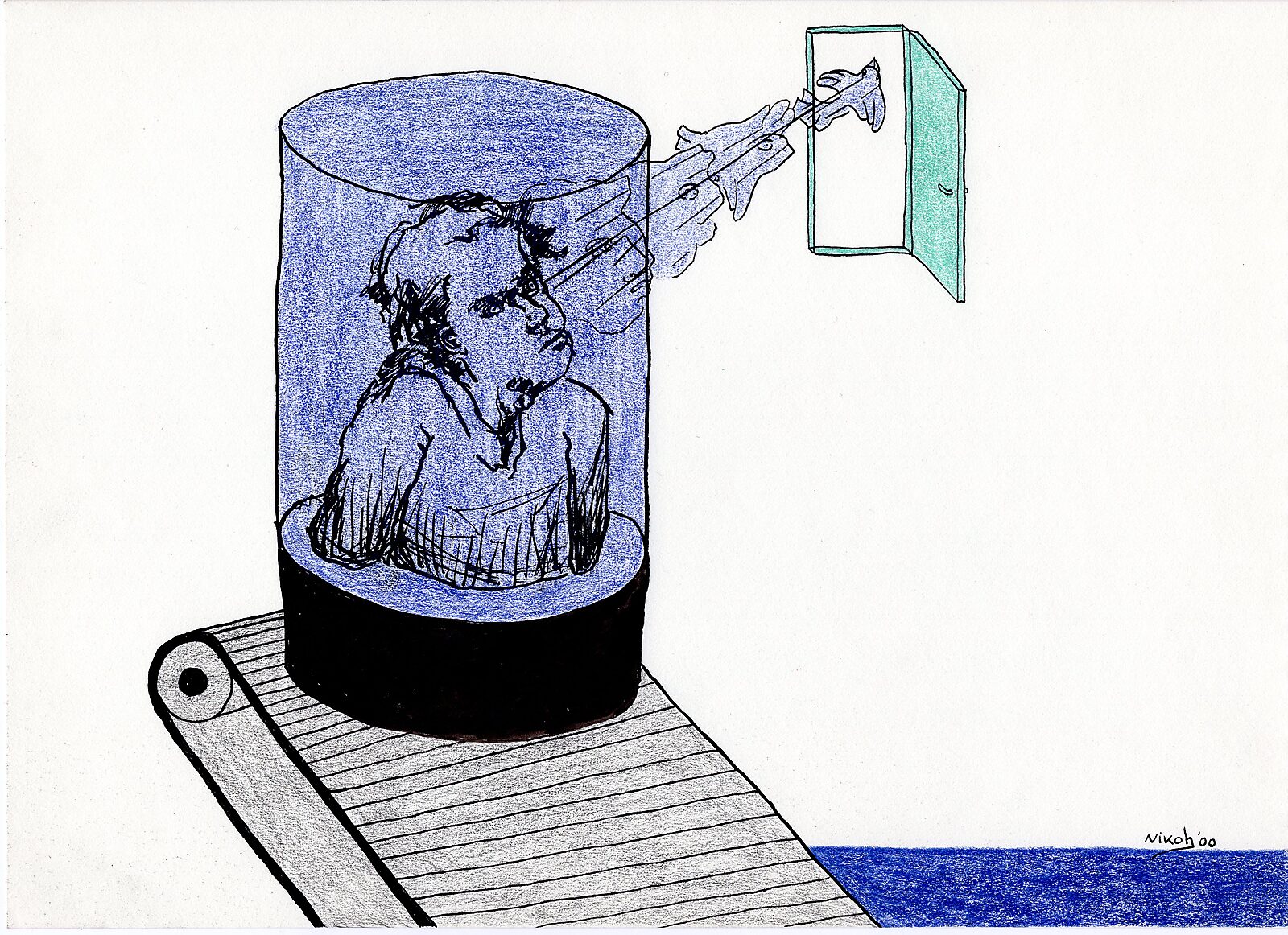 Tekeningen — Jaar 2000 — tekening van een figuur in een transparante blauwe cilinder op een lopende band; vanuit de cilinder beweegt een mechanisch voorwerp naar een open deur.
