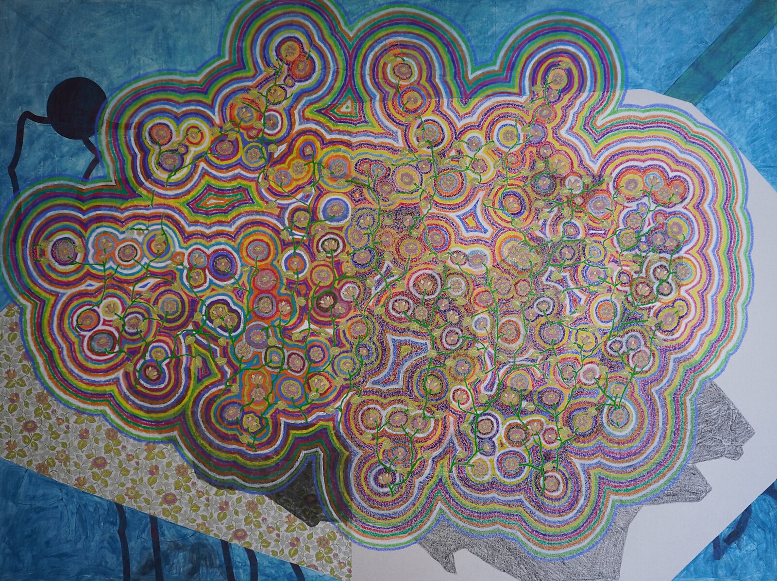 Drawing in Motion — videostill of a dense network of colorful concentric lines forming a cloud-like pattern above a blue landscape.