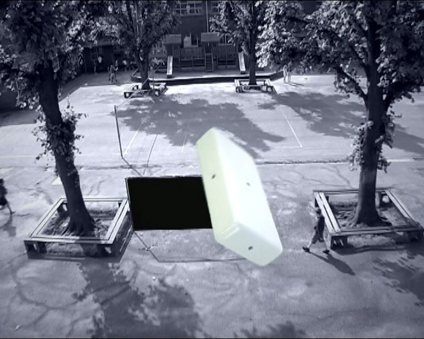Choose and Change, Unidentified Arcade — video stills: overhead view of a schoolyard with a floating light object and a dark plane behind it.
