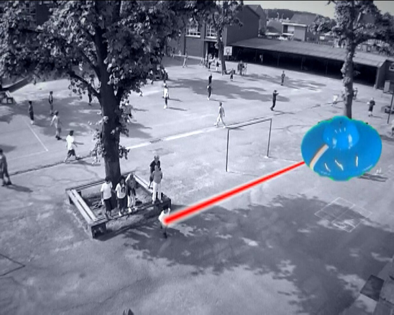 Choose and Change, Unidentified Arcade — video stills: overhead view of a schoolyard with children playing, a blue floating object on the right and a red beam pointing toward a child.
