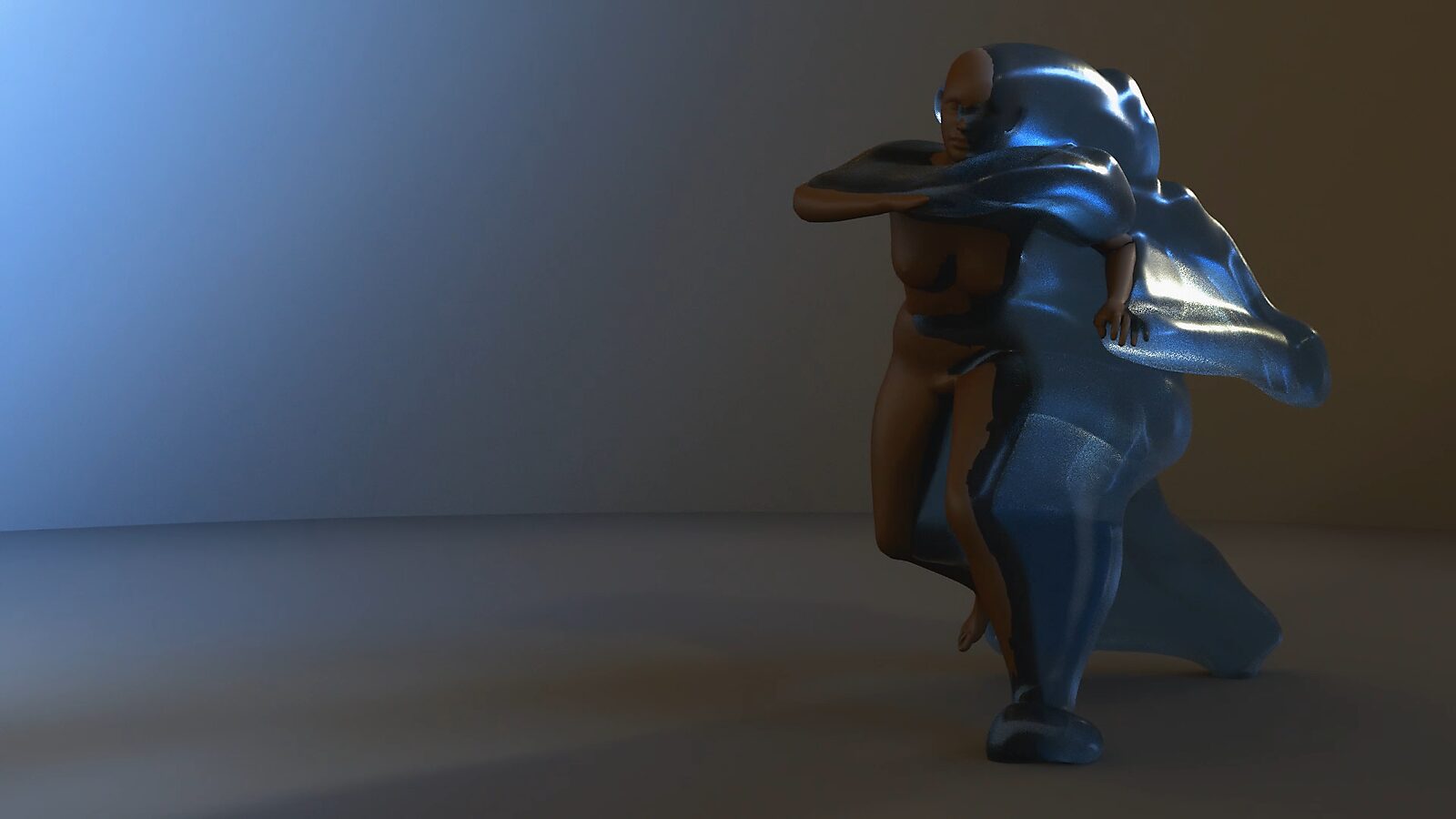 Elke beweging creëert een vorm nr.2 — videostill waarin een glanzende volumetrische vorm zich rond het bewegende lichaam ontwikkelt, als een materiële afdruk van de uitgevoerde beweging.