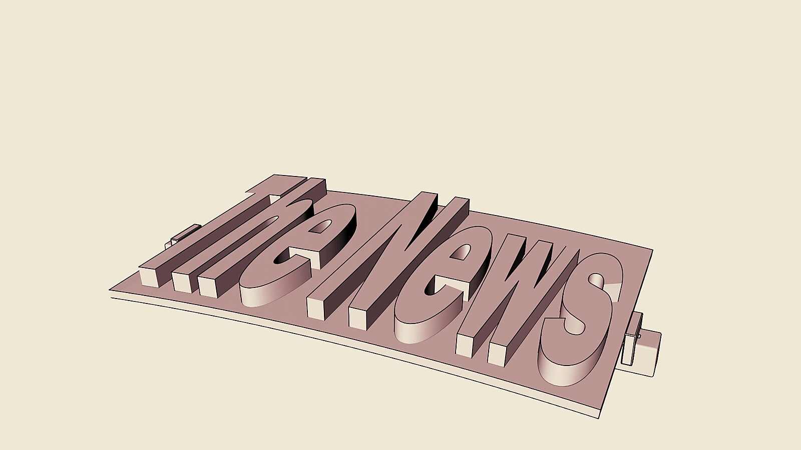Bending the News — 3D animation videostill: a flat plate with raised letters “The News” lies horizontally, showing the initial state before mechanical deformation.