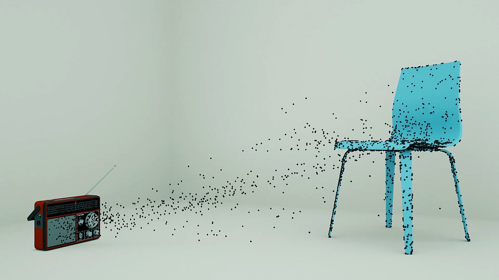 Virtual Transformation — Hate Radio — video still of a 3D animation in which a portable radio emits black pixels that gather into the contours of a chair in an empty space.