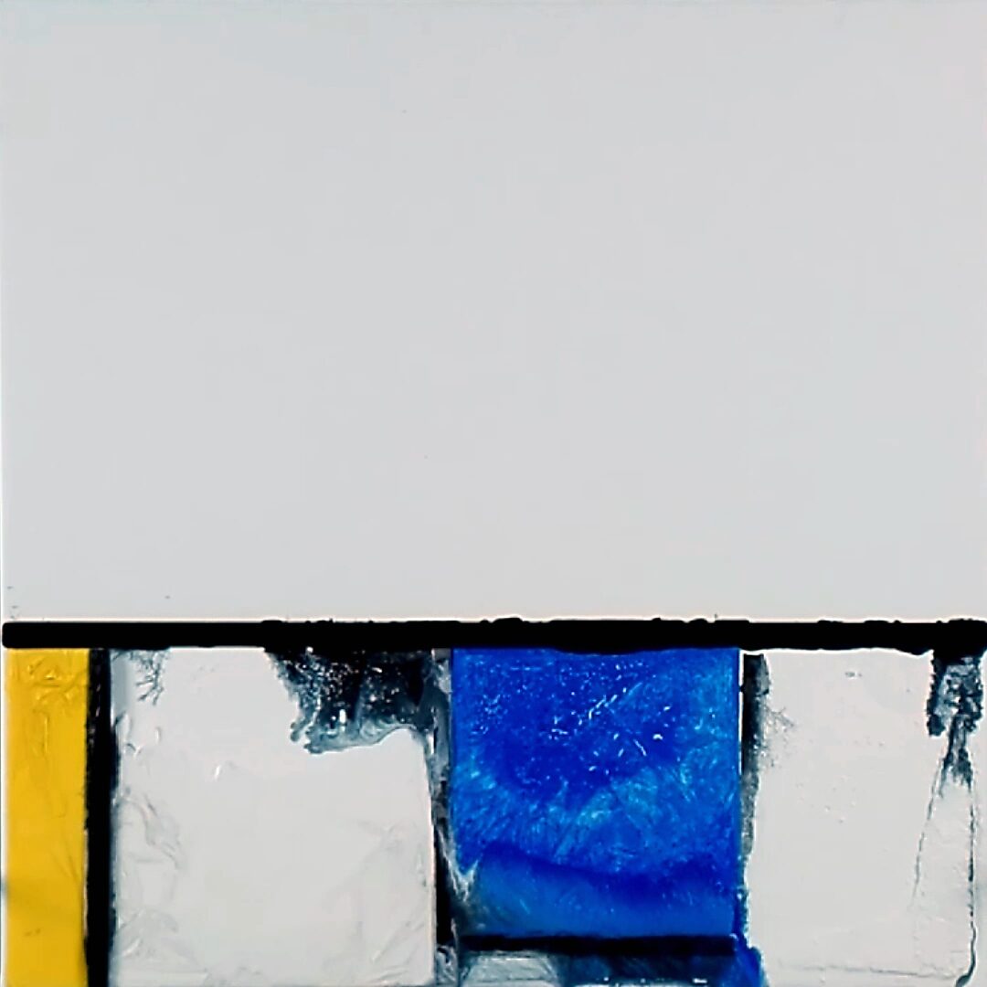 Back to Nature with Piet Mondrian No. 1.5 — process photo where meltwater spreads along the black lines while the blue pigment deepens.