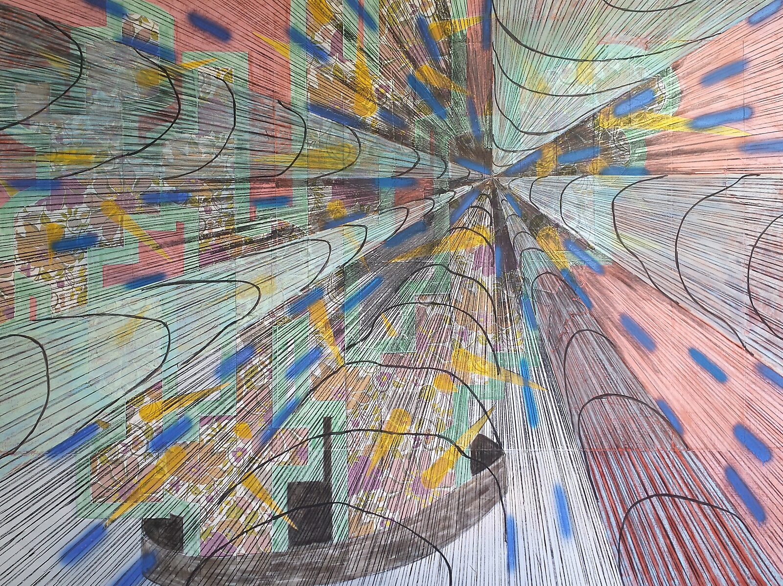 Tekening in beweging — Drawing in Motion — videostill waarin lijnen en cilindervormen in perspectief naar een centraal verdwijnpunt stromen, met kleurrijke elementen uit eerdere tekeningen.