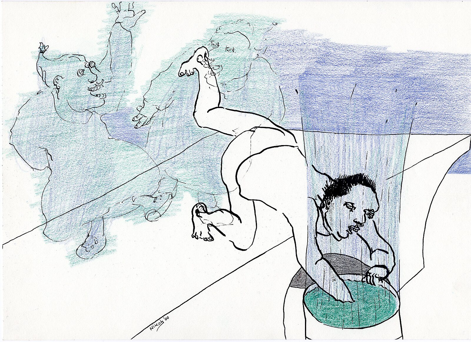 Drawings — Year 2000 — drawing of a bending figure while another figure sits in a cylindrical container with water; blue and green areas fill parts of the background.