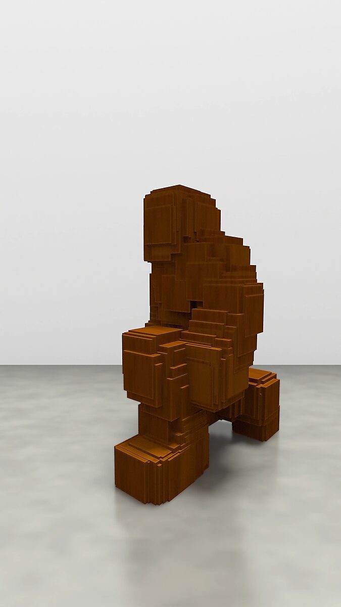 Virtual Transformation — Antony is Getting Up: video still from a 3D animation based on sculptures by Antony Gormley; the figure rises further upright, with heavy, block-like legs and arms bearing weight in a slow, monumental ascent.