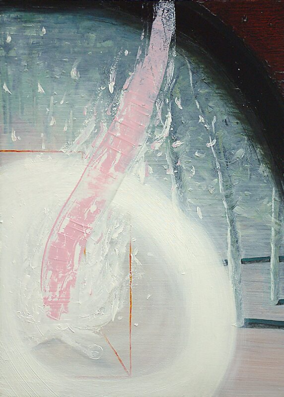 Het canvas en ik, The Canvas and I — olieverfschilderij met een centrale, lichte cirkelvorm waaruit een roze, vlamachtige strook opstijgt; het donkere omliggende veld en subtiele lijnstructuren suggereren een brandpunt tussen verstilling en ontbranding.