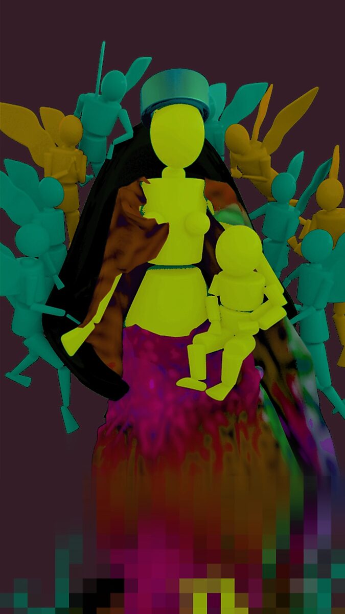 Madonna in flux — videostill met sterk contrasterende kleuren waarin de Madonna en de omringende figuren verschijnen als kleurzones en silhouetten, waardoor vorm ondergeschikt wordt aan chromatische transformatie.