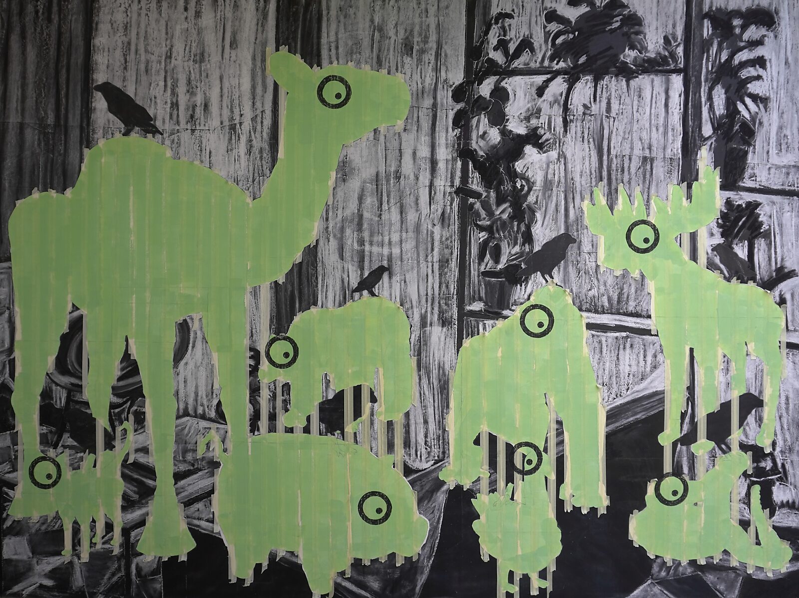 Drawing in Motion — videostill of light green silhouettes of animals with circular eye markings; black birds sit on some animals against a dark interior-like background.