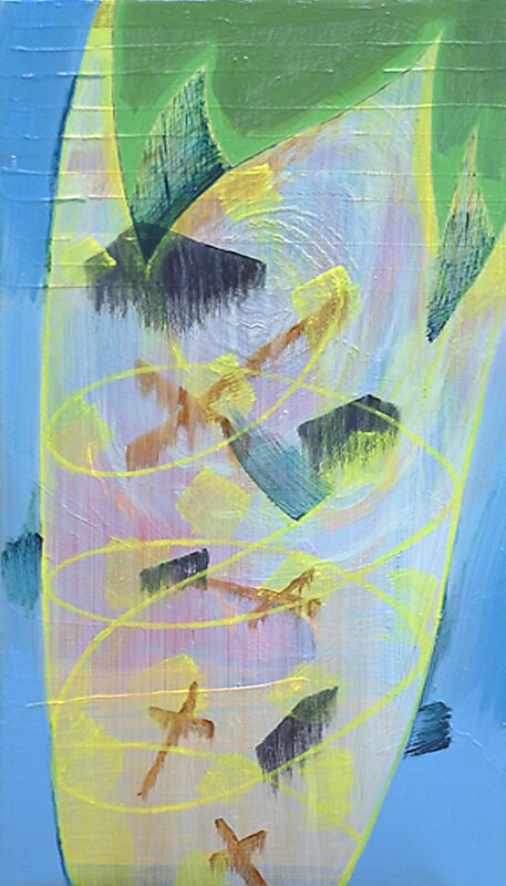 Het canvas en ik, The Canvas and I — olieverfschilderij waarin transparante kleurvlakken en scherpe, donkere vormen in een ovale contour samenkomen; gele, spiraalvormige lijnen suggereren een werveling die binnen de grenzen van het doek wordt vastgehouden