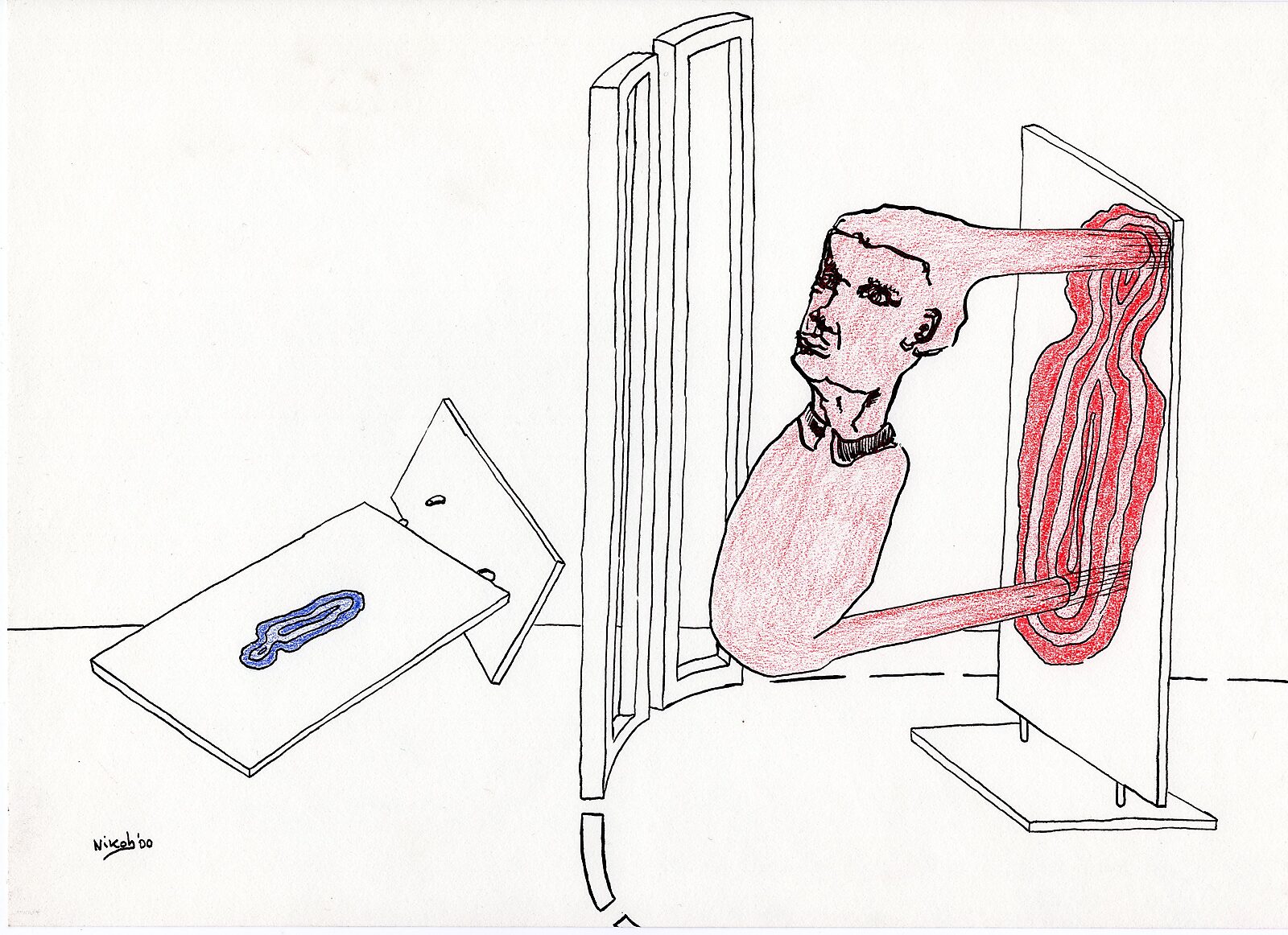 Drawings — Year 2000 — drawing of a figure whose head and body pass through an opening in a panel; red organic lines run from the head toward a second panel behind the figure.