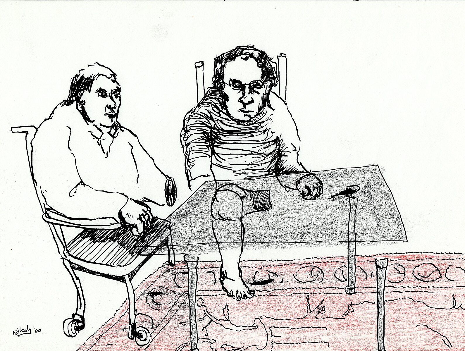 Drawings — Year 2000 — drawing of two men at a table; one sits on a chair with wheels while the other sits with one leg on the tabletop, beneath the table lies a red shaded carpet.