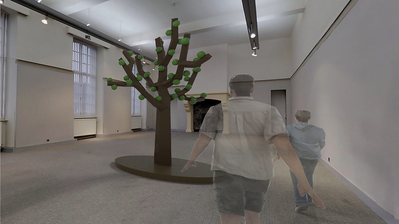 Luchtige bomen — De aanwezigheidsboom, tentoonstellingsconcept, videostill 3D-animatie: in een lege tentoonstellingsruimte staat een boomvormige sculptuur met groene bollen aan de takken, terwijl twee halftransparante bezoekers naar de boom toelopen.
