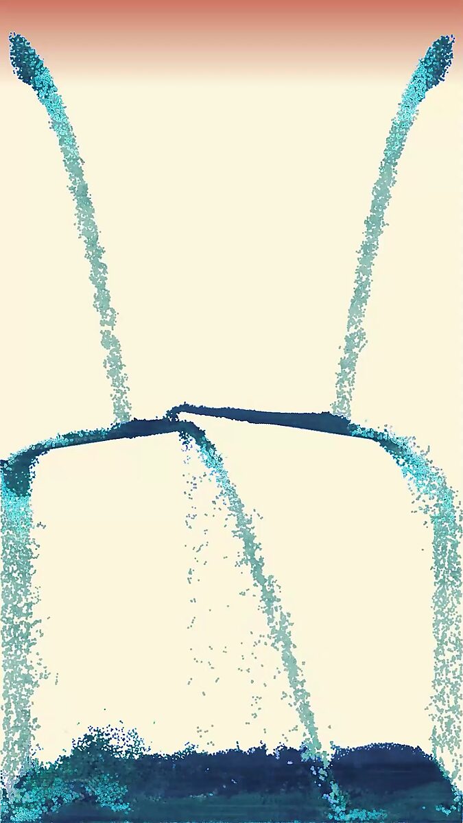 Virtual Transformation — Fluid Patterns: video still from a 3D animation; the streams split into two rising arcs that intersect and fall back, like a dynamic interplay of balanced forces.