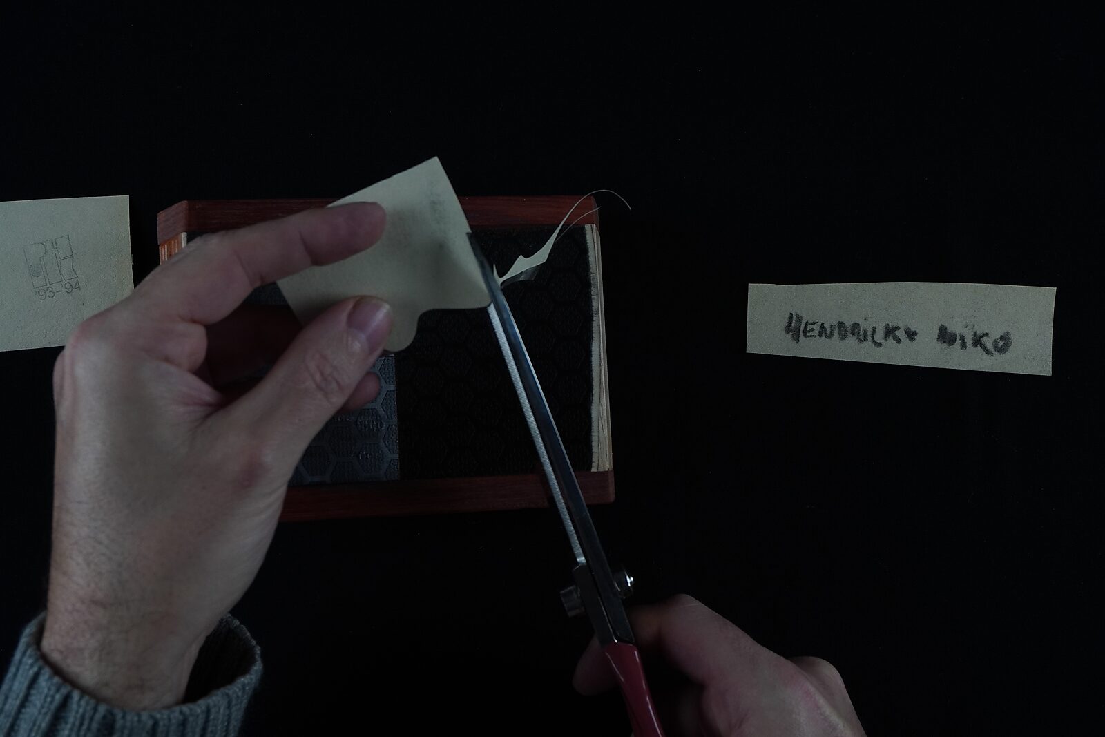 Naming–Value Butterflies — process drawing: self-portrait study 2 PHIKO (1993), Captured (2025) — scissors further cut the fragment containing the eyes.