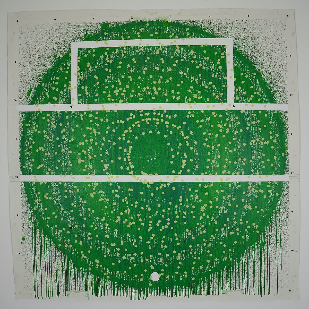 Melting Targets No. 4 — MT.4.8 Scoring with Goals, process image with a green target circle and white lines, still without the sewn-on canvas Shooting Apples for Dogfood.