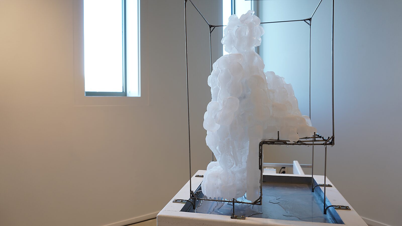 The Icy Man — ice formation around the figure during the exhibition; the body gradually disappears into an irregular structure of frozen ice.