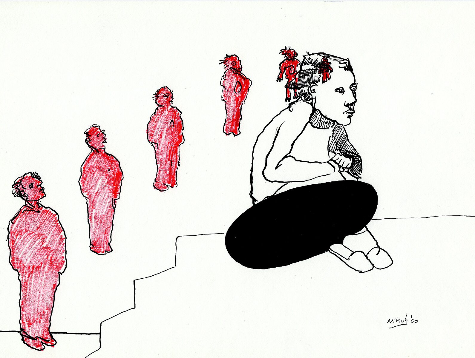 Tekeningen — Jaar 2000 — tekening van een zittende figuur op een trede met een groot zwart vlak rond het lichaam; achter de figuur staan kleinere rood ingekleurde figuren in een rij.
