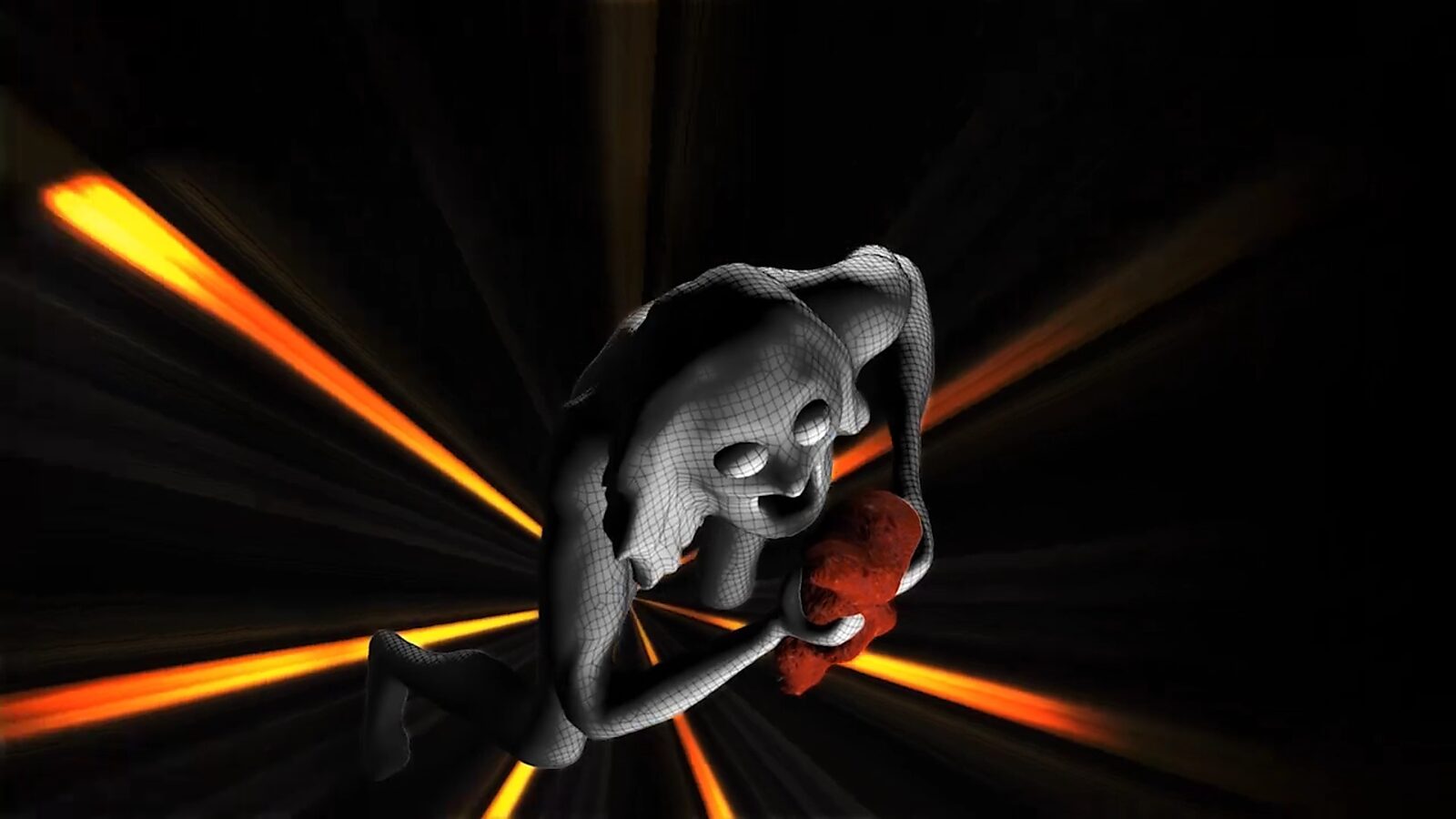 Saturnus.exe — video still presenting a wide view of the floating wireframed figure in a black space intersected by radial orange light beams; the body curls around the red heart, merging the classical myth with the aesthetics of computer rendering in a s