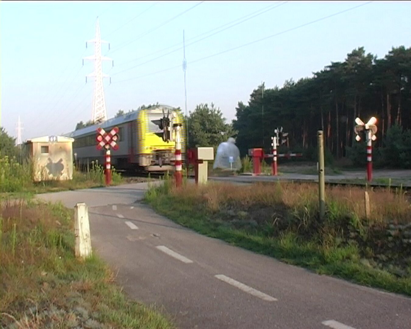 Beweging en verstilling — On the Origin of Butterflies — videostill waarin een trein door het beeld rijdt terwijl een halftransparante figuur naast de sporen zichtbaar blijft.