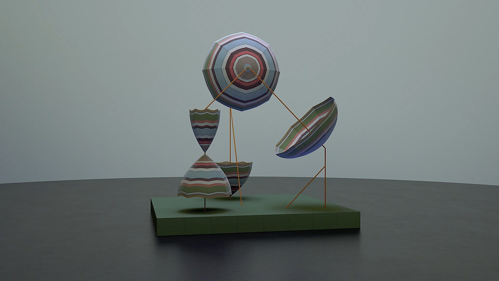 Umbrella — videostill from a 3D animation: the forms return to a more closed arrangement around the umbrella, supported by thin metal rods on the platform.