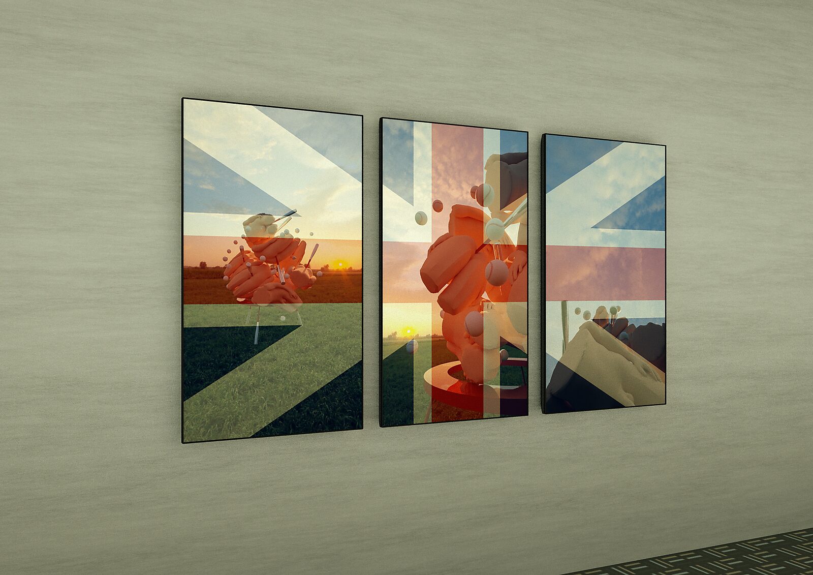 Butt’s, Bats and Balls — drievoudige schermpresentatie met een overlay van de Engelse vlag, waarbij sporticonografie, lichaam en nationale identiteit samenvallen binnen een gemedieerde beeldruimte.
