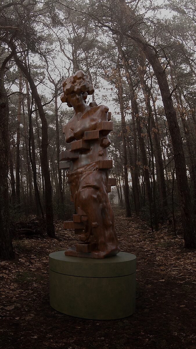 Virtuele transformatie — De lades van Venus: videostill uit een 3D-animatie, variatie op Dalí’s Venus van Milo met laden; het hoofd en bovenlichaam vervormen tot een cluster van geometrische volumes, terwijl de klassieke vormen gedeeltelijk herkenbaar bli