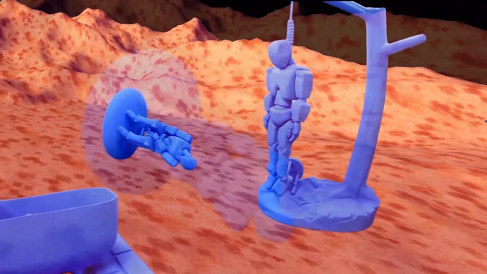 Imaginaire landschappen — videostill waarin blauwe robotfiguren verschijnen in een digitaal berglandschap; één robot hangt aan een constructie terwijl een andere liggend wordt voortbewogen, waardoor een scène ontstaat tussen simulatie, controle en herstar
