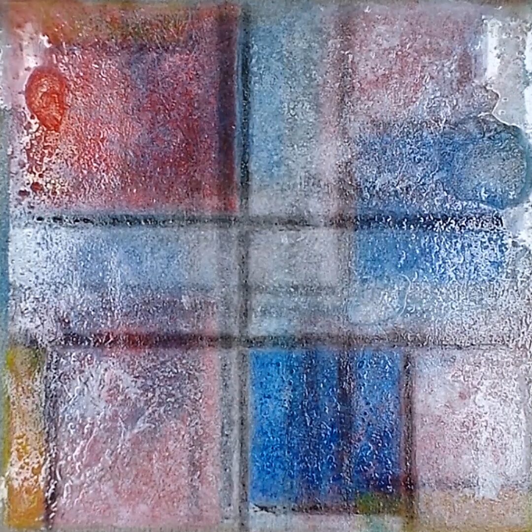 Terug naar de natuur met Piet Mondriaan nr. 1.1 — laatste procesfase; resterend smeltwater en pigment vormen zachte kleurvelden binnen het raster.