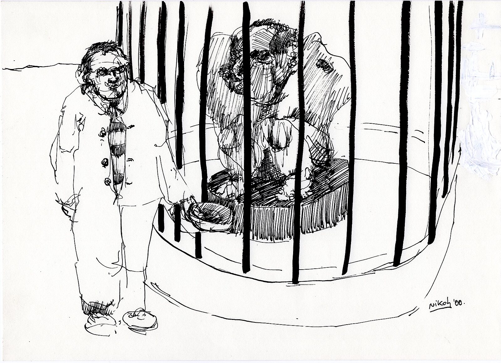 Tekeningen — Jaar 2000 — tekening van een man die naast een ronde kooi staat; binnenin zit een dierachtig wezen terwijl dikke zwarte tralies het zicht gedeeltelijk blokkeren.