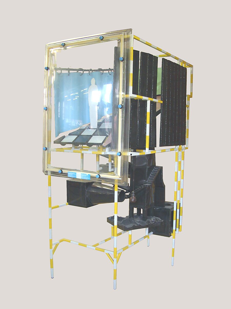 Experimental Setup for Flat People — view of the installation in which a human silhouette figure appears inside an enclosed space, allowing the construction to be read as an experimental environment for observation and positioning of the body.