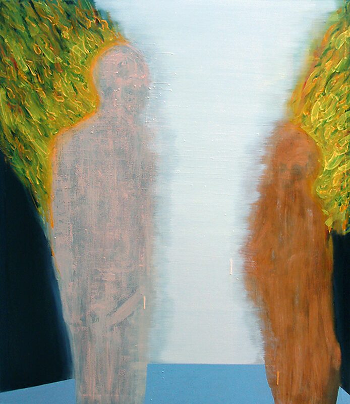 Het canvas en ik, The Canvas and I — olieverfschilderij waarin twee half transparante figuren tegenover elkaar staan, gescheiden door een smalle, lichte verticale strook; boven hun hoofden lichten gele, bladerachtige vormen op, terwijl de lichamen oplosse