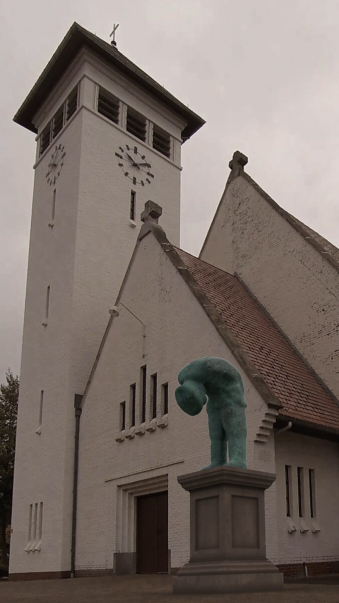 The Bending Monument — The Church, 3D animation videostill: in front of a white brick church with a clock tower, the turquoise human monument on the pedestal bends further into a strongly curved, almost closed form.