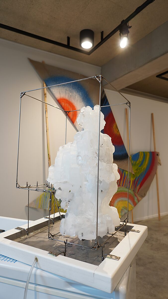 Entropic Sculpture No. 2 — Transformation Studio No. 1: Warm or Cold, side view of the ice body around the metal skeleton with paintings in the background.