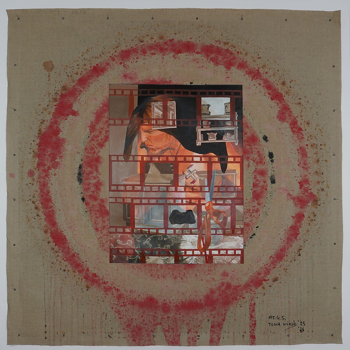 Melting Targets No. 4 — MT.4.5 The Scissors, front side of the canvas with a red target circle around a central image of a historical figure behind a red grid, with paint splatters and dripping marks on raw linen.