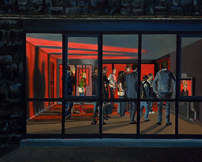 The Modern Cavemen — The news: outside view — exterior view through a large window into a red-lit space where a group of people watches a television screen; the architecture frames the scene like a display window, turning the viewer into an outsider.