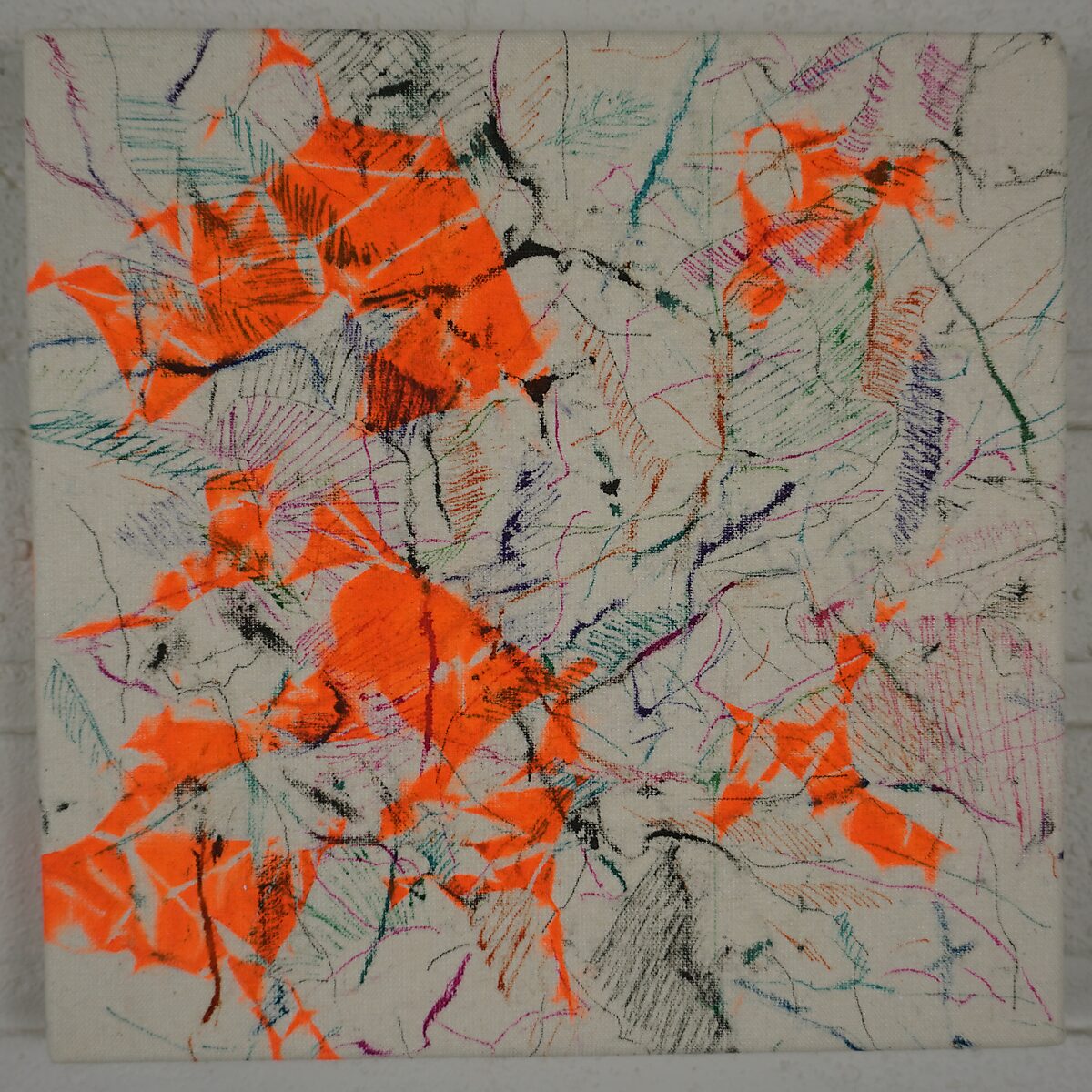 Drawings — Remaining Ink Cloths — drawing with overlapping scratches, hatchings and colour traces spreading across the canvas among fragments of orange ink prints.