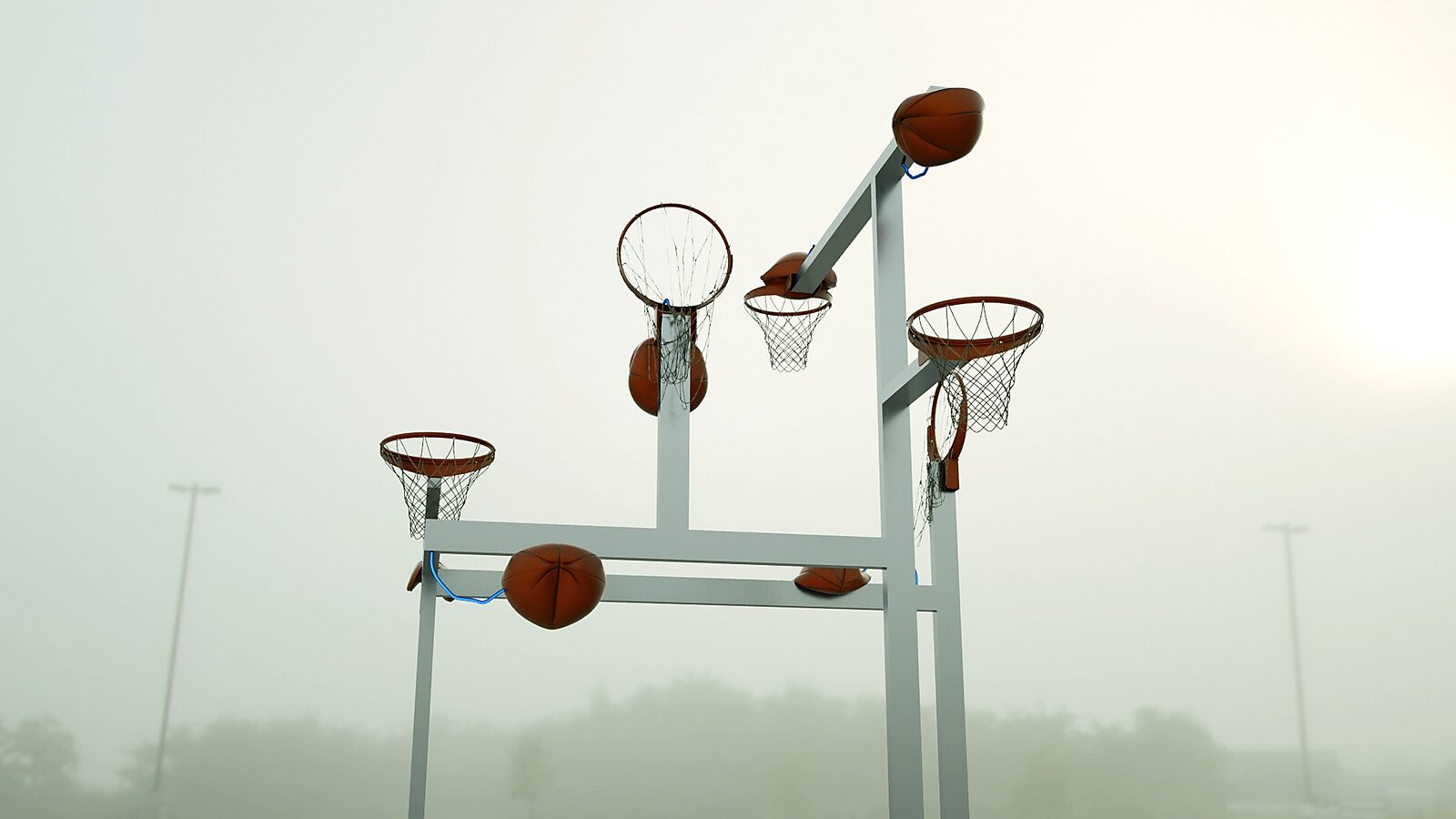 Basketball in Balance — Waiting Shots — 3D animation sculpture videostill: a vertical arrangement of hoops and poles shows balls frozen in different stages of falling, hanging and being trapped.