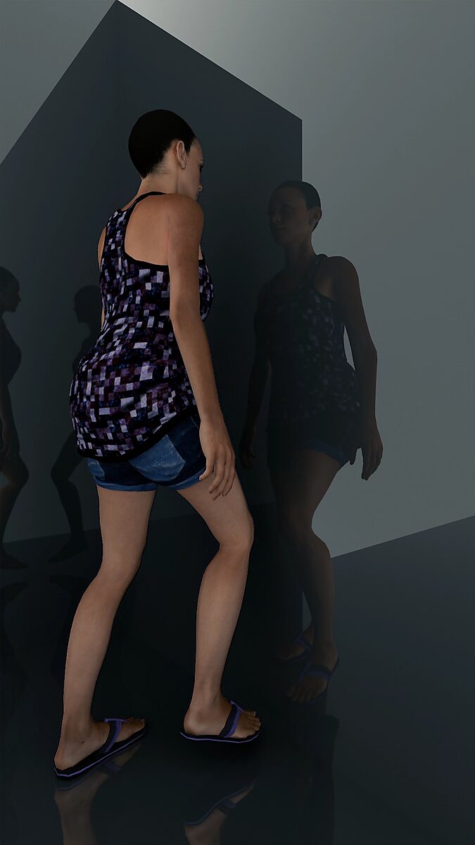 Virtual Transformation — Step into Nothing: video still from a 3D animation; the woman steps forward and approaches her reflection, her body and its mirrored image nearly touching in a tense moment of transition.