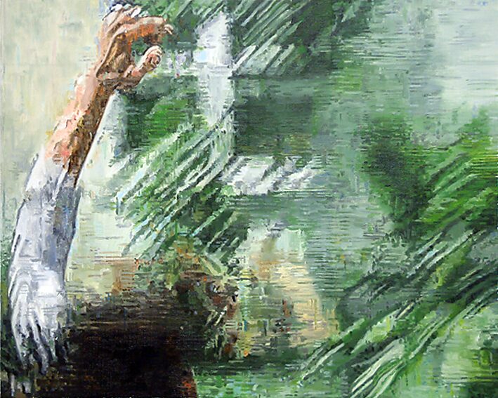 Television Series, Frozen Action — The Garden — figure appearing to fall or move within a garden; the arm and body show displaced fragments of the same movement, stacking time within a single still image.
