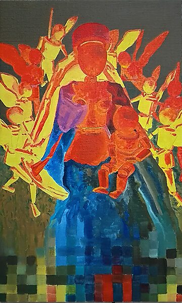 Madonna in flux — olieverfschilderij met intense rood- en geeltinten waarin de Madonna en de omringende engelen verschijnen als energetische kleurvelden, waardoor beweging uit de animatie wordt vastgezet in verf.