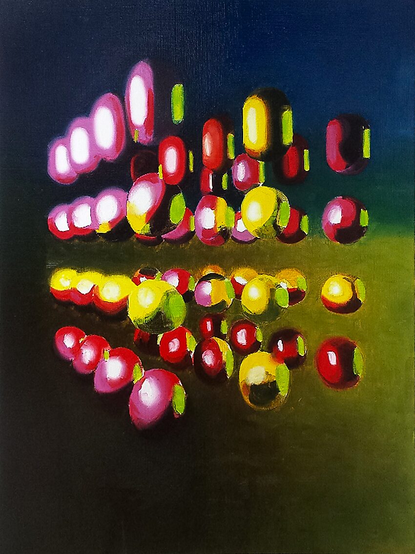 Variaties in verschil — schilderij met zwevende, lichtgevende bolvormen in rood, geel en roze tinten die zich verspreiden over een donkere achtergrond, waarbij reflectie en kleur een ruimtelijke illusie opbouwen.