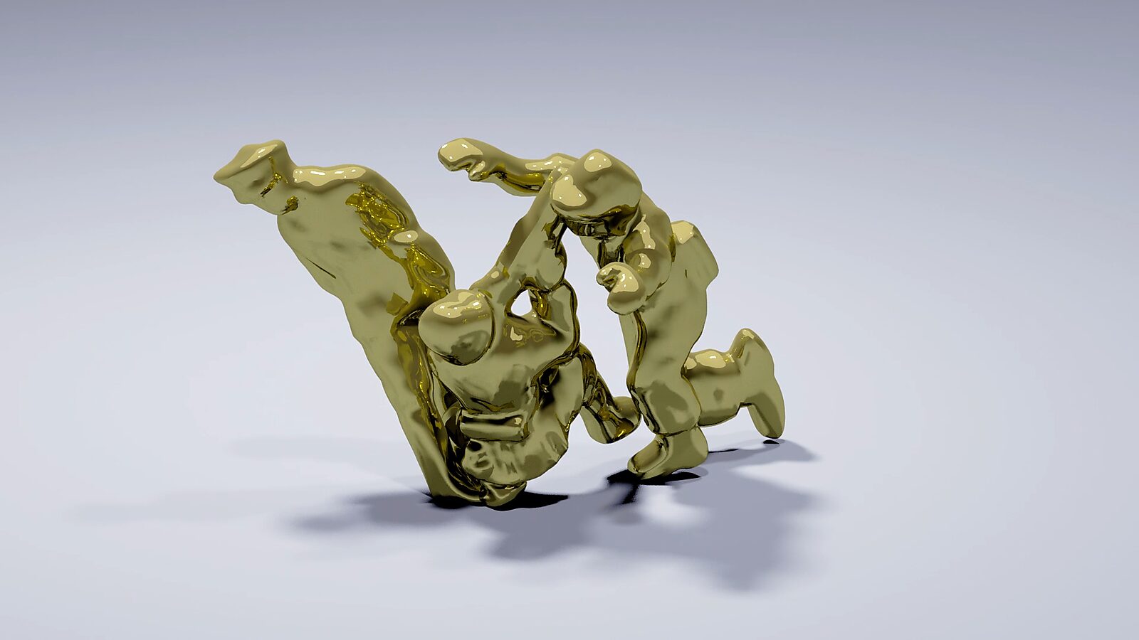 Dader en slachtoffer roulatie — videostill waarin drie figuren samen een instabiele sculpturale configuratie vormen waarin de rollen voortdurend lijken te verschuiven.