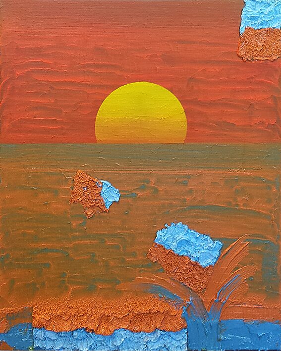 Variations in Difference — painting showing a stylised sunset with a yellow sun above a horizontal colour field, combined with rough material paint textures that merge landscape and abstract surface.