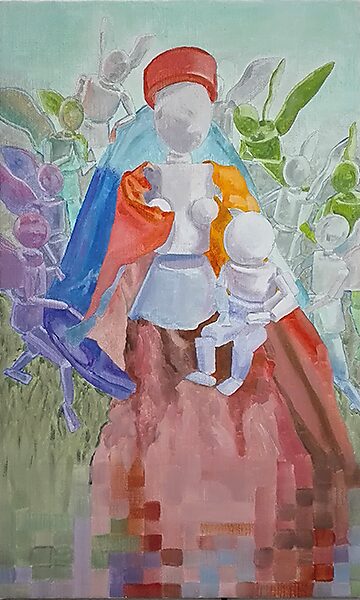 Madonna in flux — oil painting where multiple colour registers converge, presenting the Madonna and child as a painterly translation of a moving digital moment.